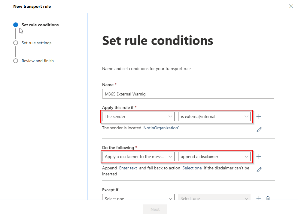 set rule conditions